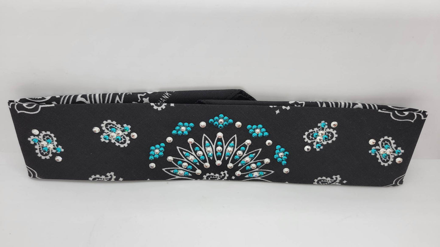 Narrow Black Paisley Bandana with Bright Blue and Diamond Clear Austrian Crystals (Sku2089)