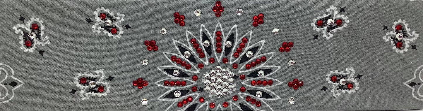 Silver Paisley Bandana with Red and Diamond Clear Austrian Crystals (Sku2501)