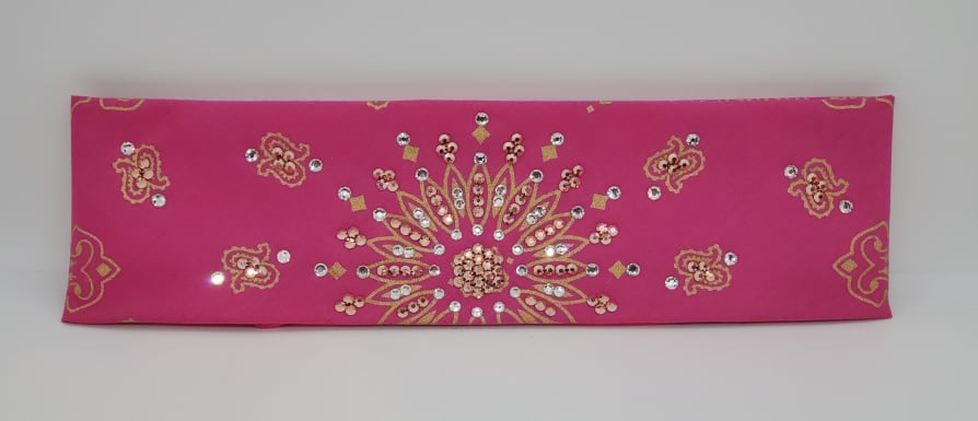 Gold Paisley on Pink Bandana with Rose Gold and Diamond Clear Austrian Crystals (Sku2507)