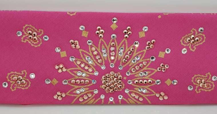 Gold Paisley on Pink Bandana with Rose Gold and Diamond Clear Austrian Crystals (Sku2507)