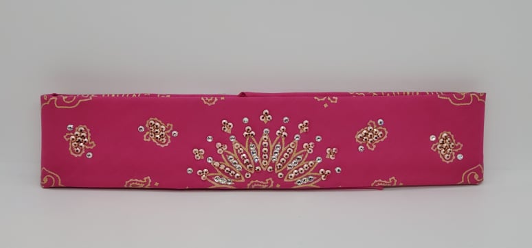 Narrow Gold Paisley on Pink Bandana with Rose Gold and Diamond Clear Austrian Crystals (Sku2508)