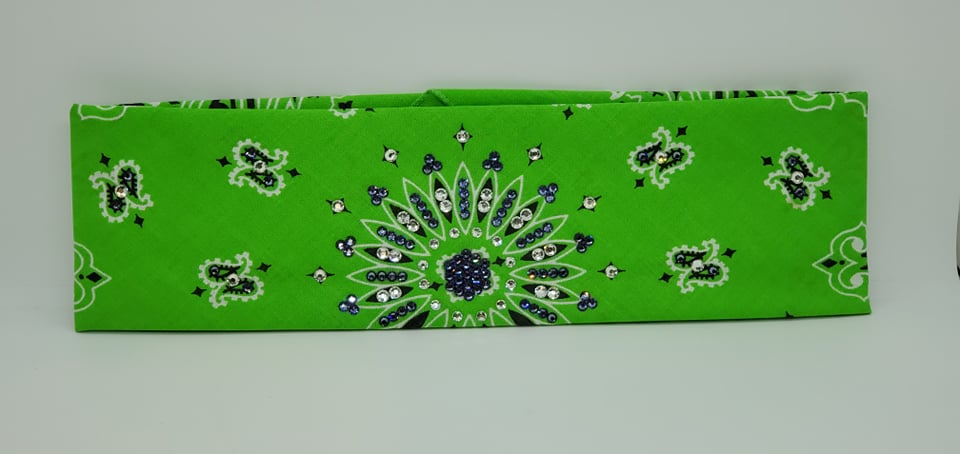Lime Green Paisley Bandana with Light Purple and Diamond Clear Austrian Crystals (Sku2509)