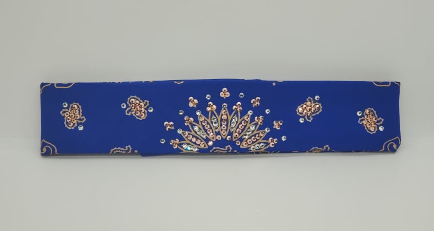 Narrow Gold Paisley on Royal Blue Bandana with Rose Gold and Diamond Clear Swarovski Crystals (Sku2517)