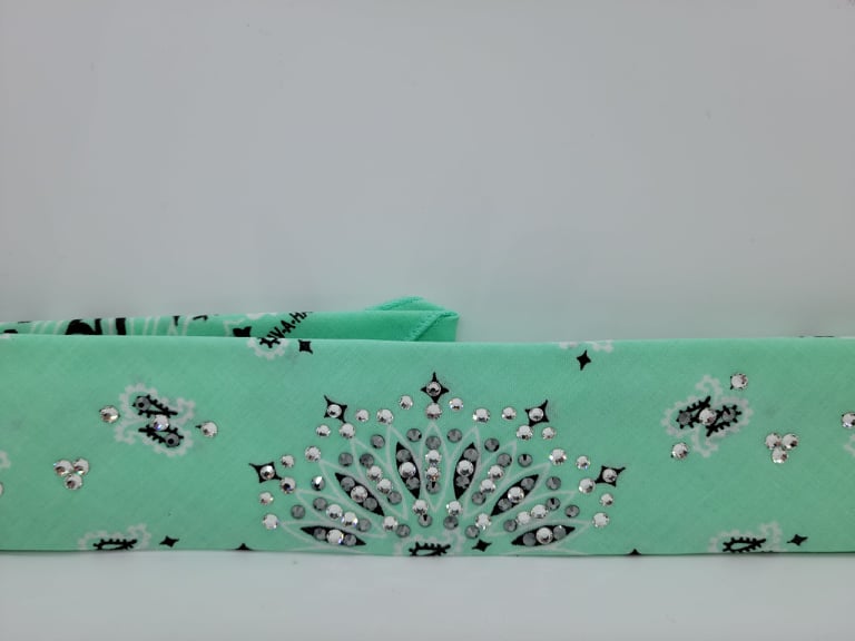 Narrow Mint Paisley Bandana with Black and Diamond Clear Austrian Crystals (Sku2521)