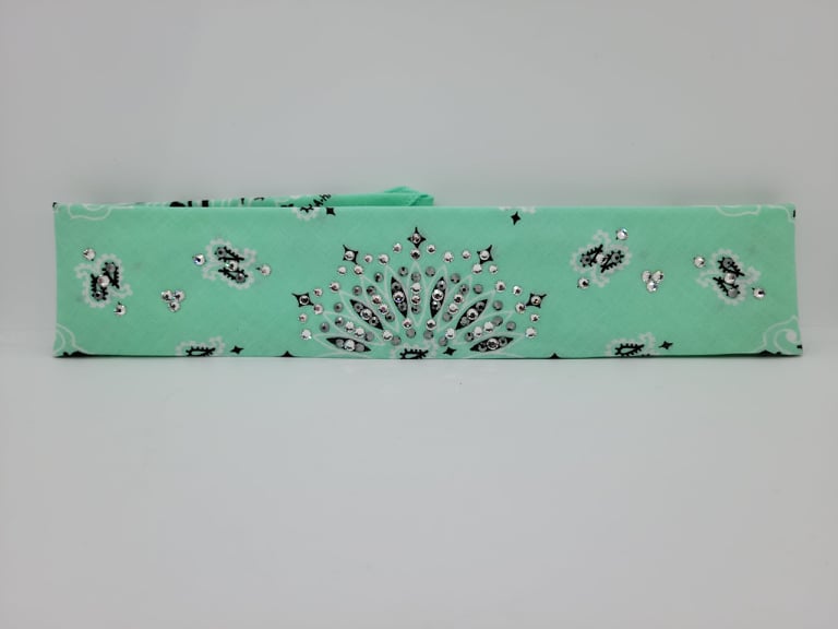 Narrow Mint Paisley Bandana with Black and Diamond Clear Austrian Crystals (Sku2521)