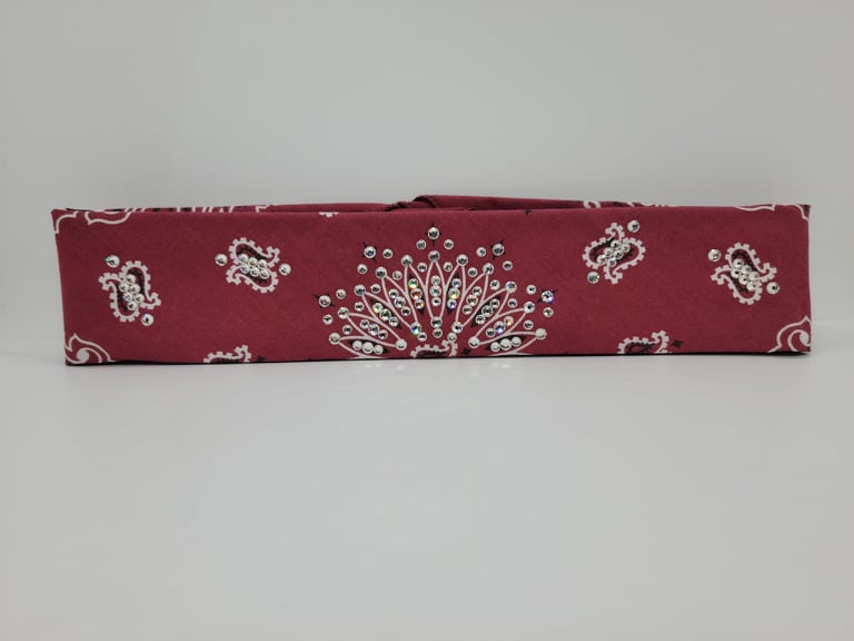 Narrow Dark Maroon Paisley Bandana with Diamond Clear Austrian Crystals (Sku2525)