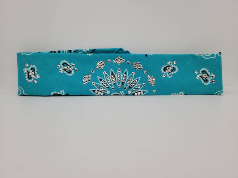 Narrow Light Teal Paisley Bandana with Diamond Clear Austrian Crystals (Sku2528)