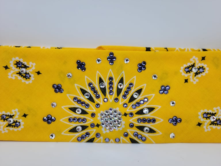 Bright Yellow Paisley Bandana with Lavender and Diamond Clear Austrian Crystals (Sku2532)