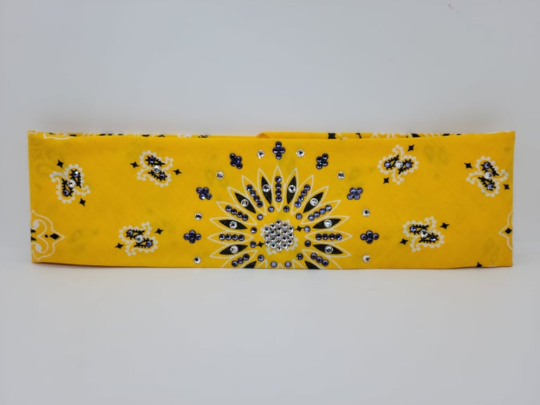 Bright Yellow Paisley Bandana with Lavender and Diamond Clear Austrian Crystals (Sku2532)