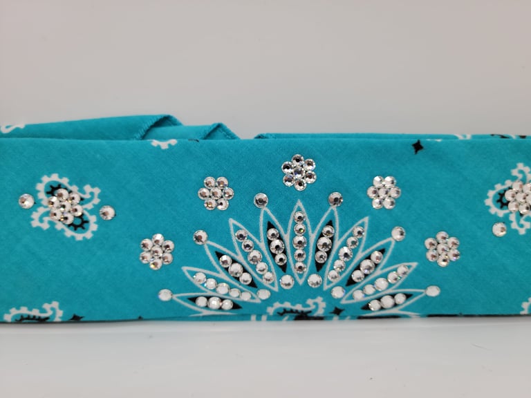 Narrow Light Teal Paisley Bandana with Diamond Clear Austrian Crystals (Sku2534)