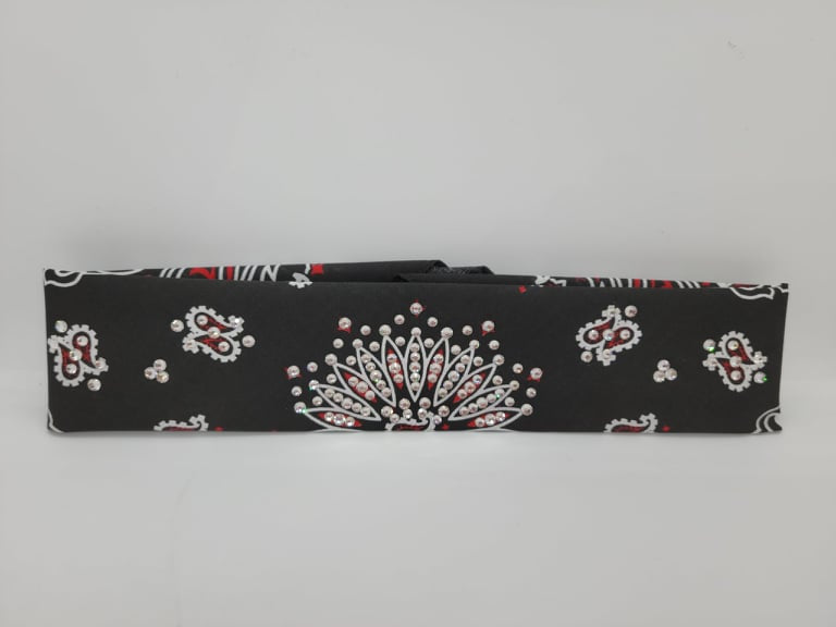 Narrow Red on Black Paisley Bandana with Diamond Clear Austrian Crystals (Sku2544)
