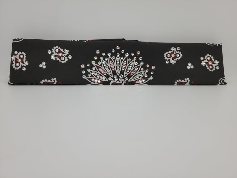 Narrow Red on Black Paisley Bandana with Diamond Clear Austrian Crystals (Sku2544)