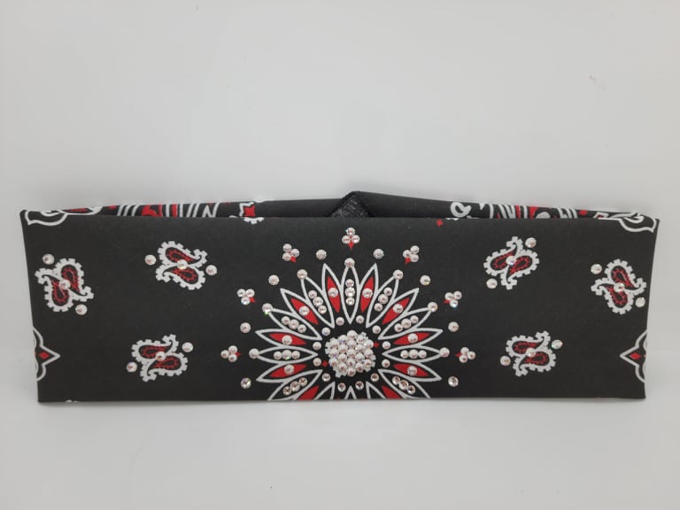Red on Black Paisley Bandana with Diamond Clear Austrian Crystals (Sku2545)