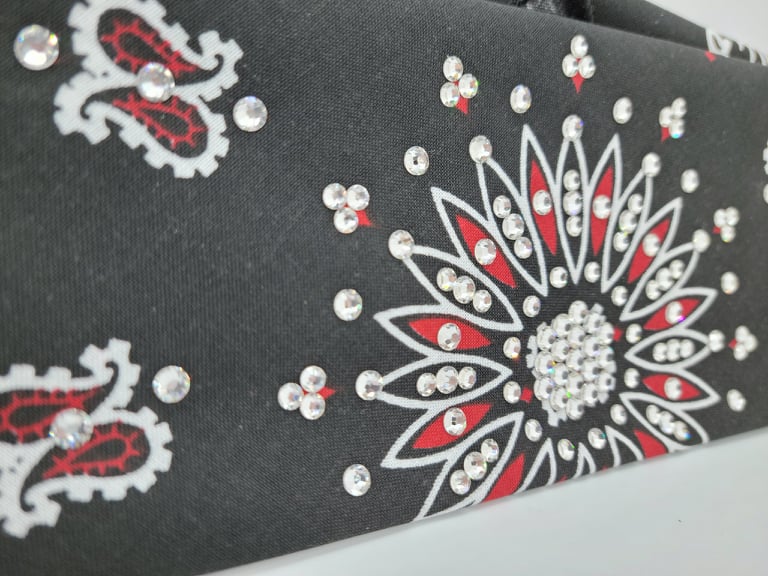 Red on Black Paisley Bandana with Diamond Clear Austrian Crystals (Sku2545)