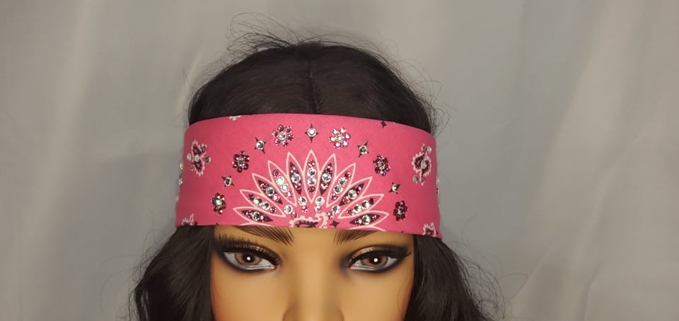 Narrow Bright Pink Paisley Bandana with Rose and Diamond Clear Austrian Crystals (Sku2546)