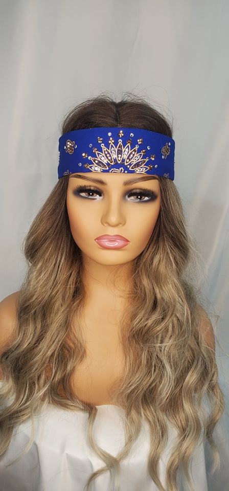 Narrow Gold Paisley on Royal Blue Bandana with Rose Gold and Diamond Clear Swarovski Crystals (Sku2517)