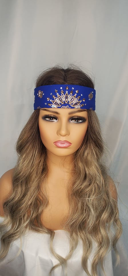Narrow Gold Paisley on Royal Blue Bandana with Rose Gold and Diamond Clear Swarovski Crystals (Sku2517)
