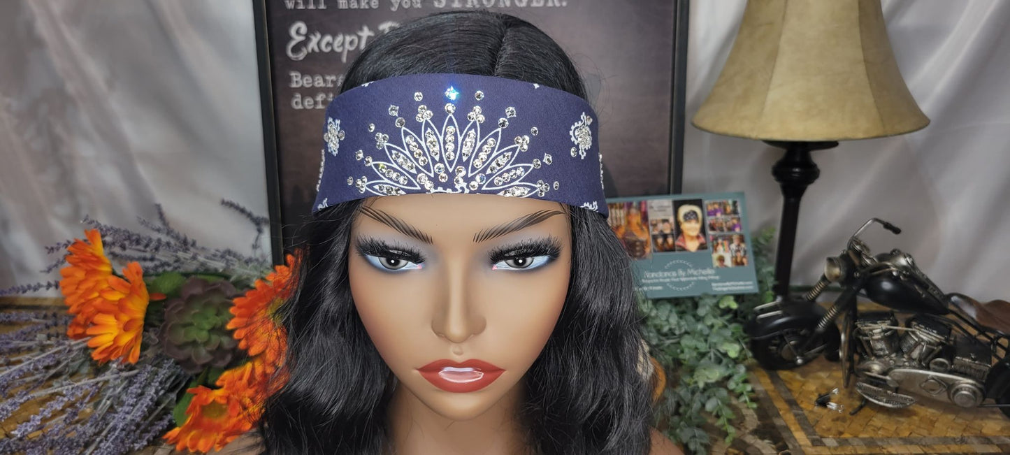 Narrow Navy Paisley Bandana with Diamond Clear Austrian Crystals (Sku2890)