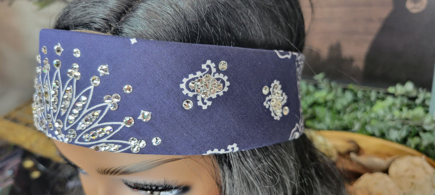 Narrow Navy Paisley Bandana with Diamond Clear Austrian Crystals (Sku2890)