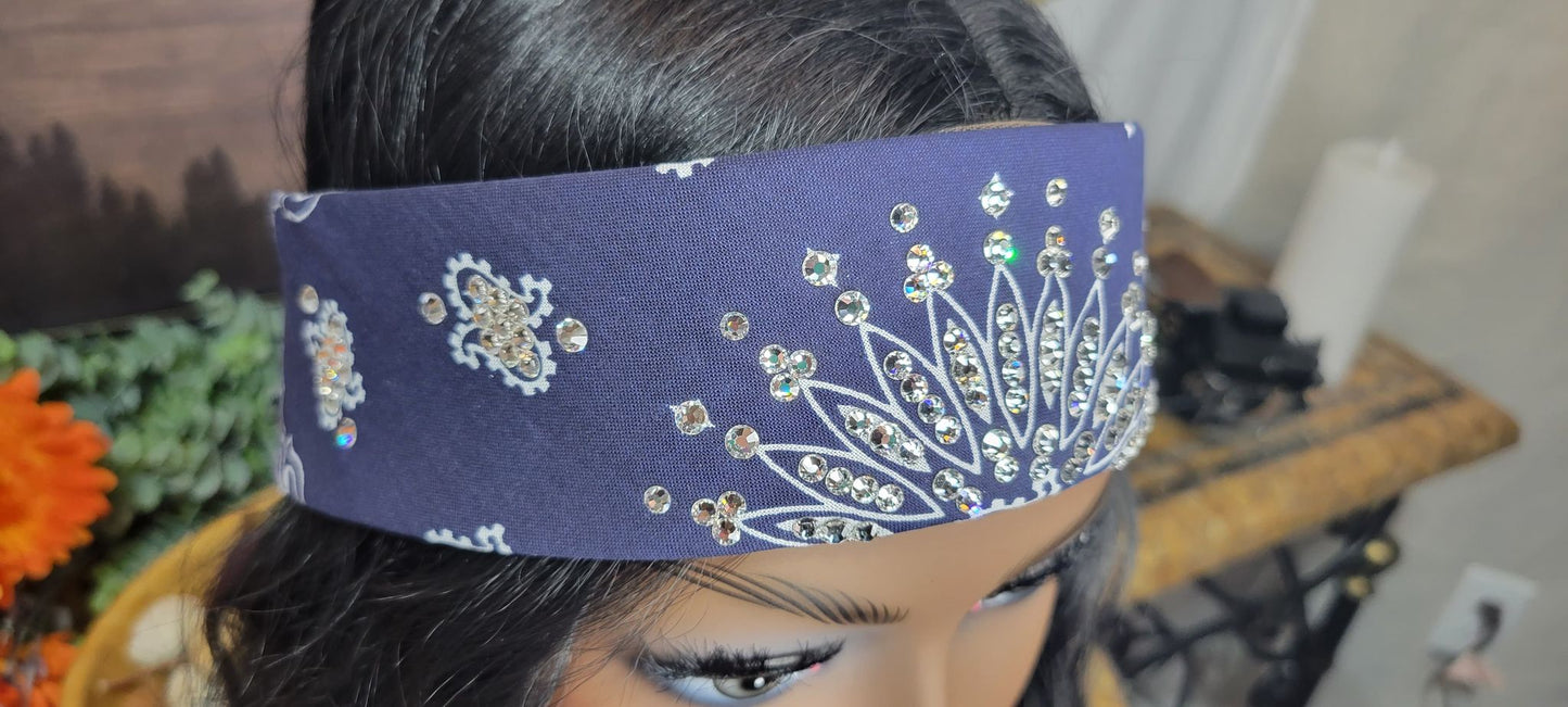 Narrow Navy Paisley Bandana with Diamond Clear Austrian Crystals (Sku2890)