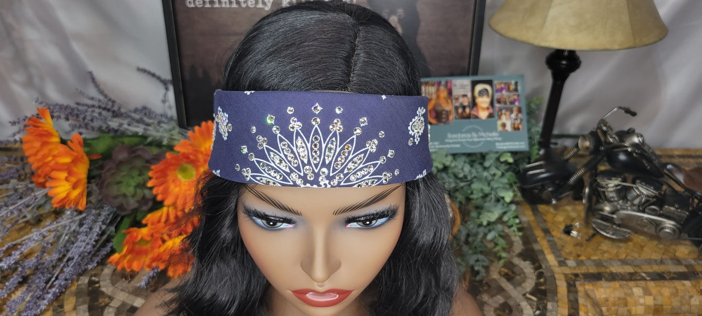 Narrow Navy Paisley Bandana with Diamond Clear Austrian Crystals (Sku2890)