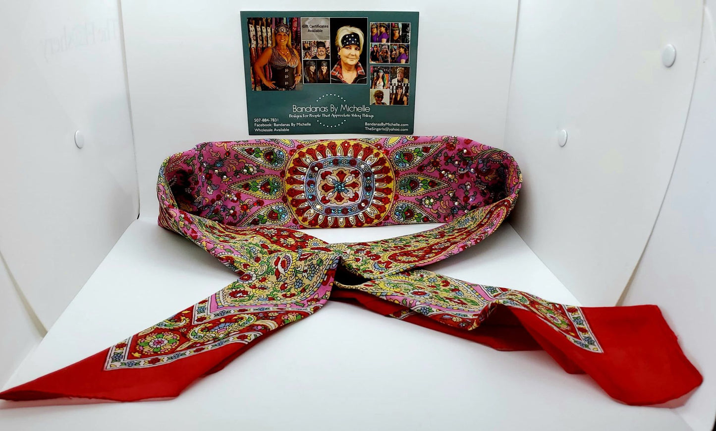 Long Pink and Red Scarf with Turquoise, Red and Aurora Borealis Austrian Crystals (Sku3034)