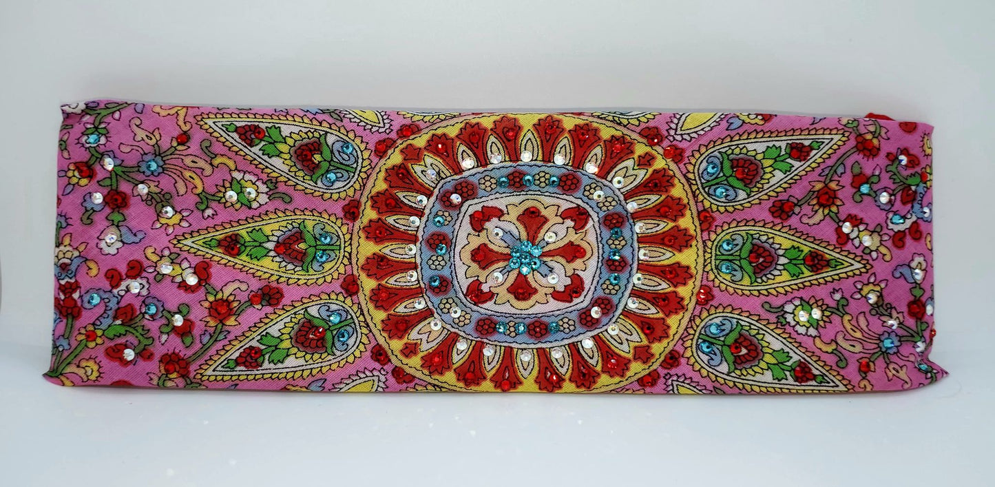 Long Pink and Red Scarf with Turquoise, Red and Aurora Borealis Austrian Crystals (Sku3034)