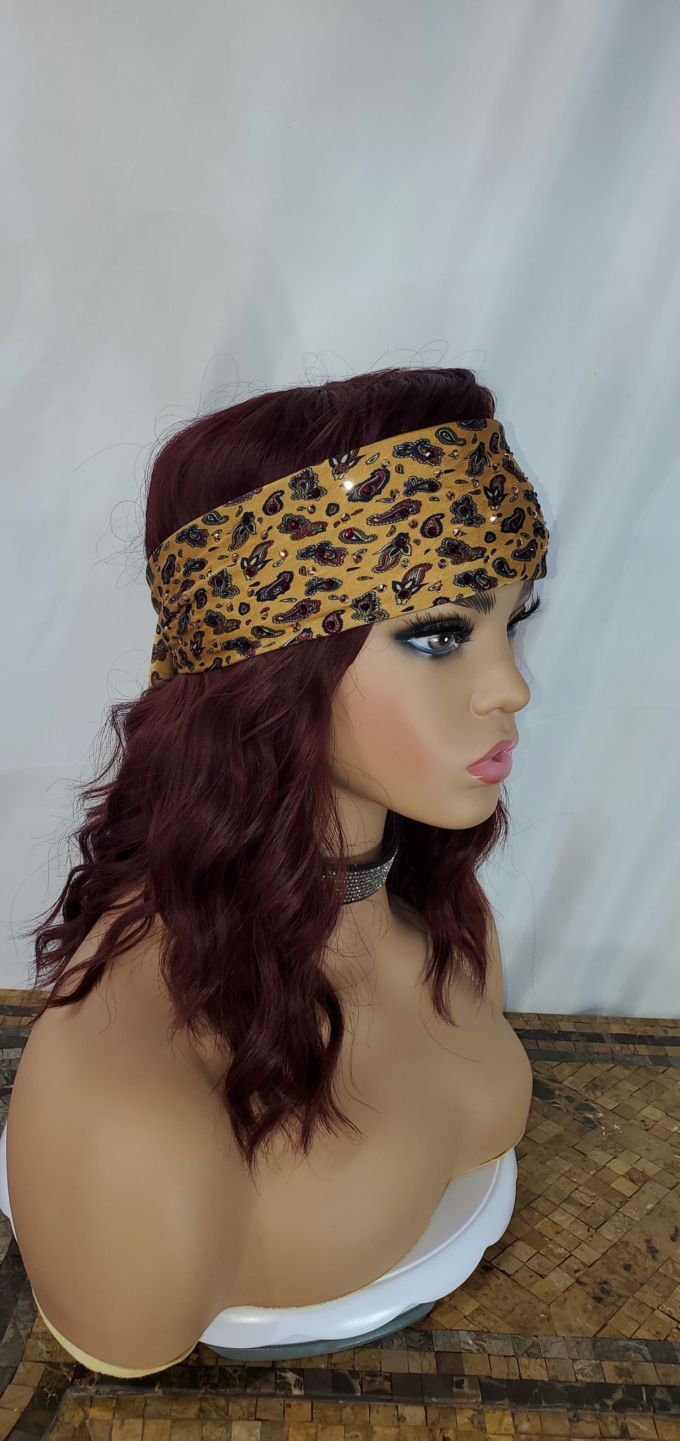 Silky Golden Brown Paisley Long Scarf with Rose Gold and Dark Red Austrian Crystals