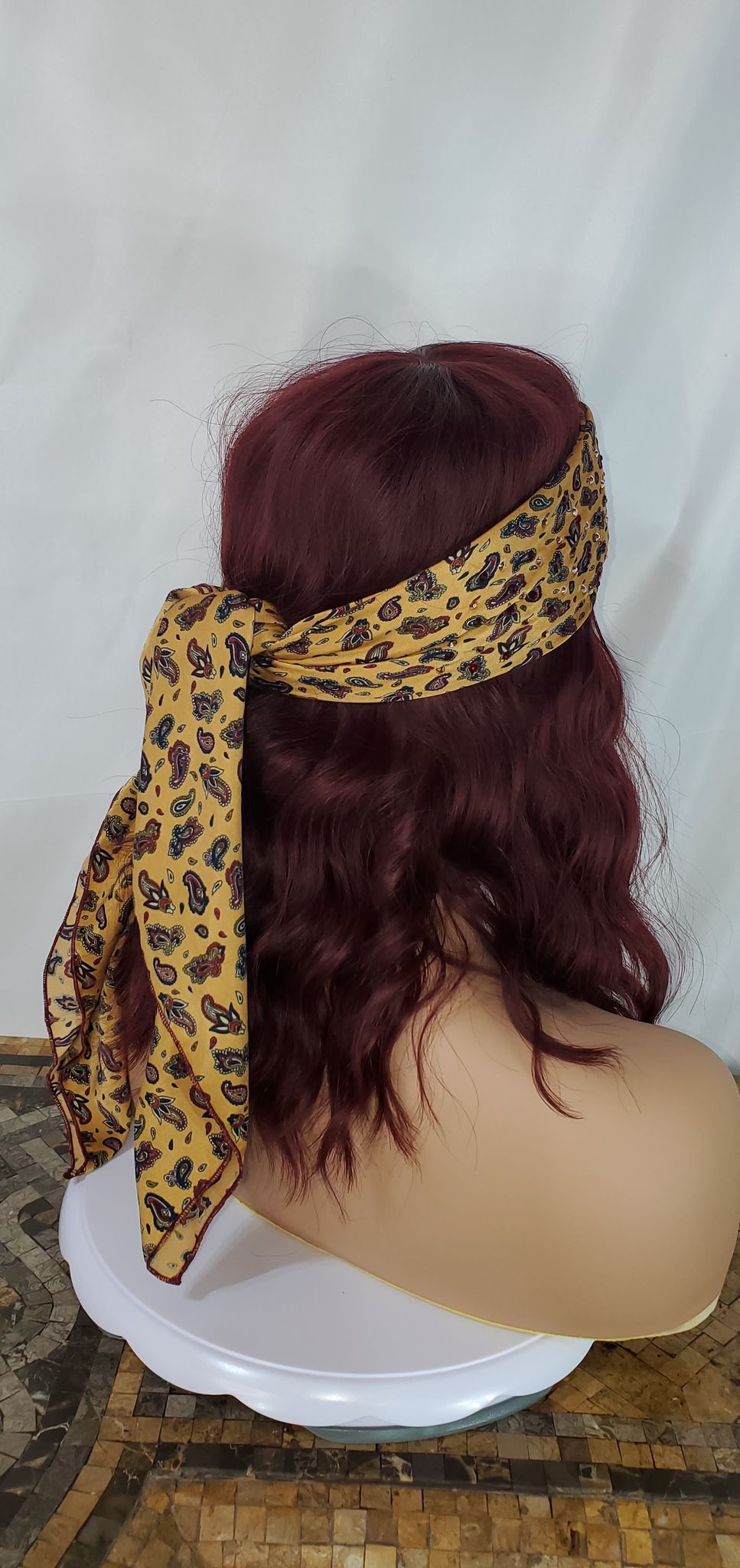 Silky Golden Brown Paisley Long Scarf with Rose Gold and Dark Red Austrian Crystals