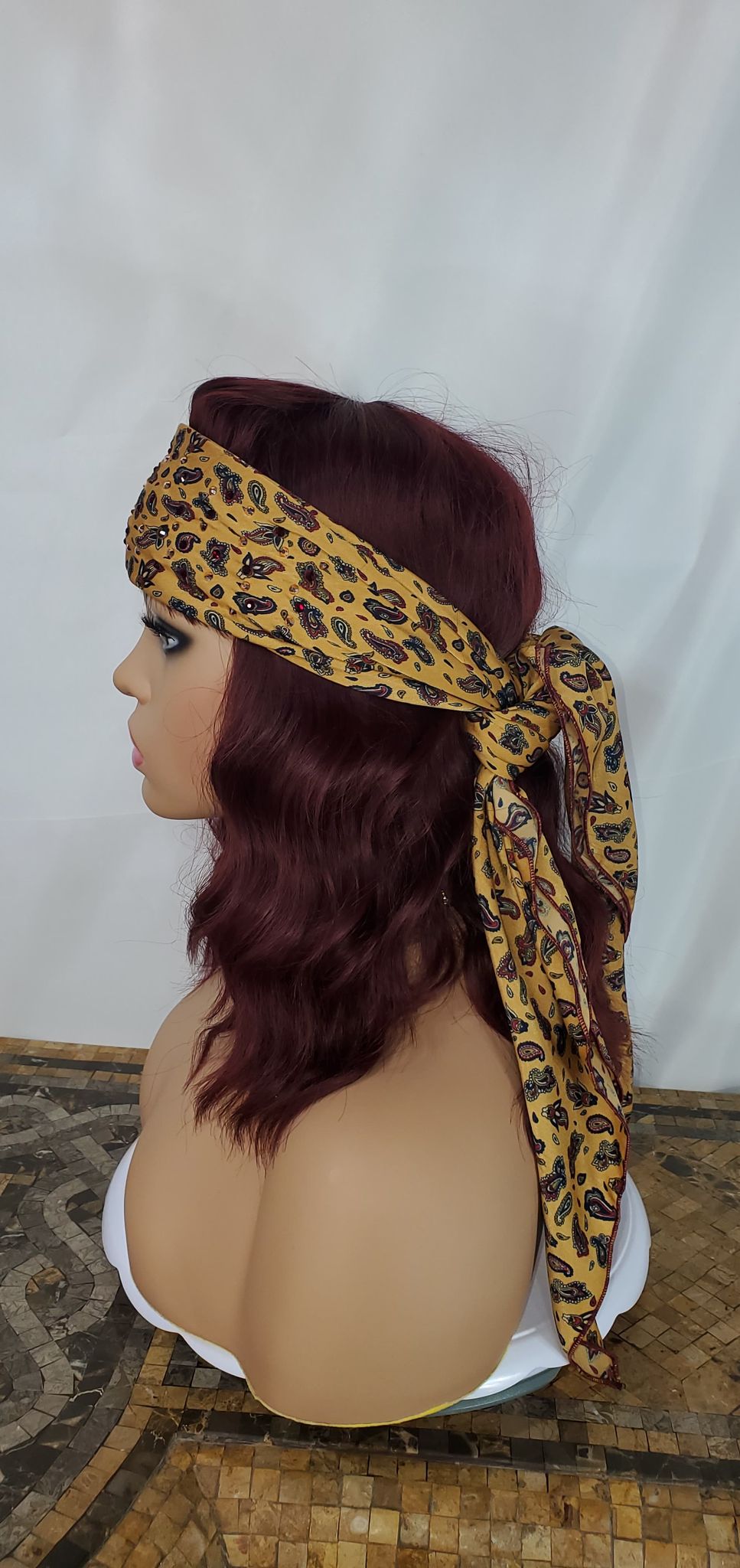 Silky Golden Brown Paisley Long Scarf with Rose Gold and Dark Red Austrian Crystals