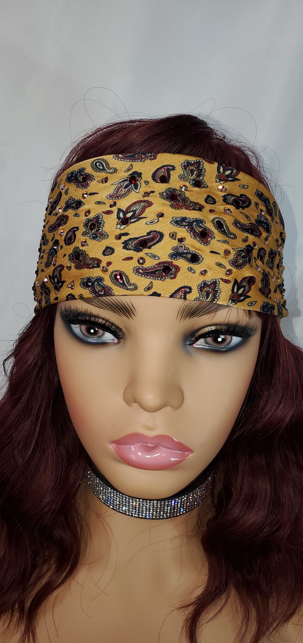 Silky Golden Brown Paisley Long Scarf with Rose Gold and Dark Red Austrian Crystals