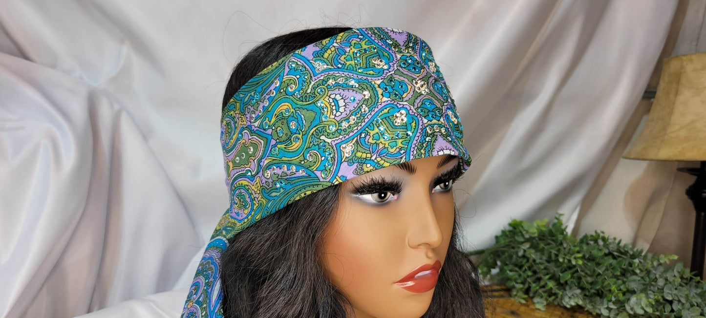 Long Scarf Lavender, Turquoise and Olive Green with Aqua and Diamond Austrian Crystals (Sku3067)