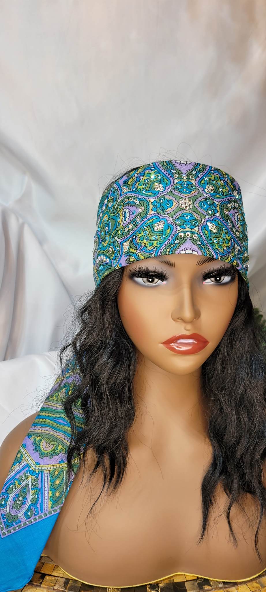 Long Scarf Lavender, Turquoise and Olive Green with Aqua and Diamond Austrian Crystals (Sku3067)