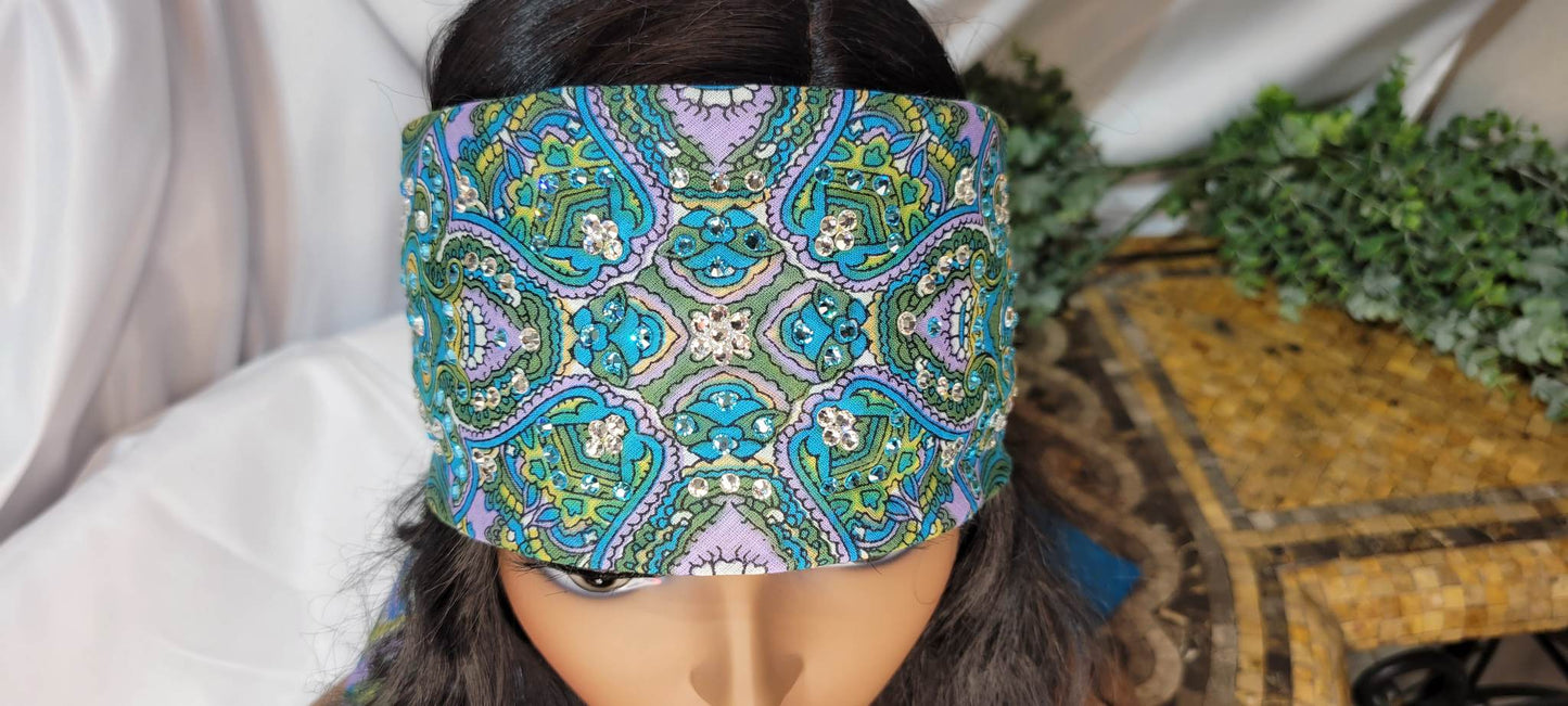 Long Scarf Lavender, Turquoise and Olive Green with Aqua and Diamond Austrian Crystals (Sku3067)