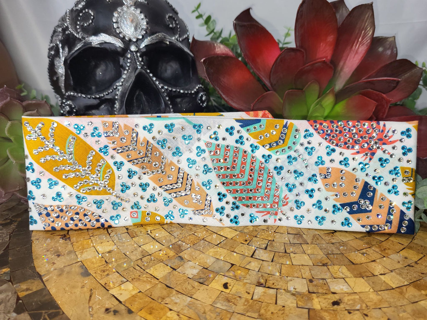 Super LeeAnnette Feathers Bandana with Turquoise and Diamond Clear Austrian Crystals (Sku4041)
