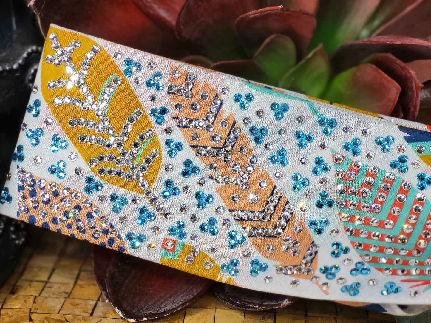 Super LeeAnnette Feathers Bandana with Turquoise and Diamond Clear Austrian Crystals (Sku4041)