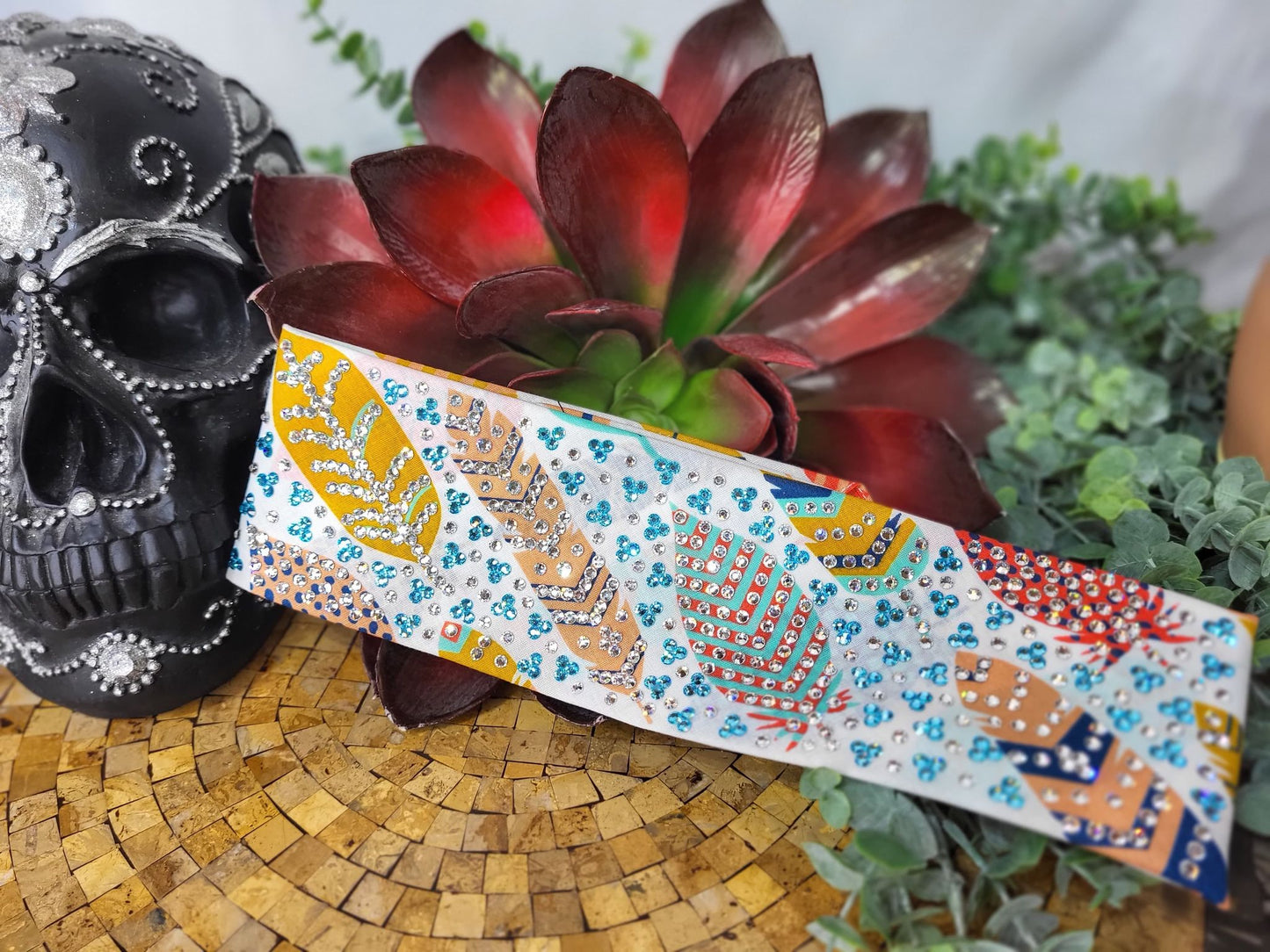 Super LeeAnnette Feathers Bandana with Turquoise and Diamond Clear Austrian Crystals (Sku4041)