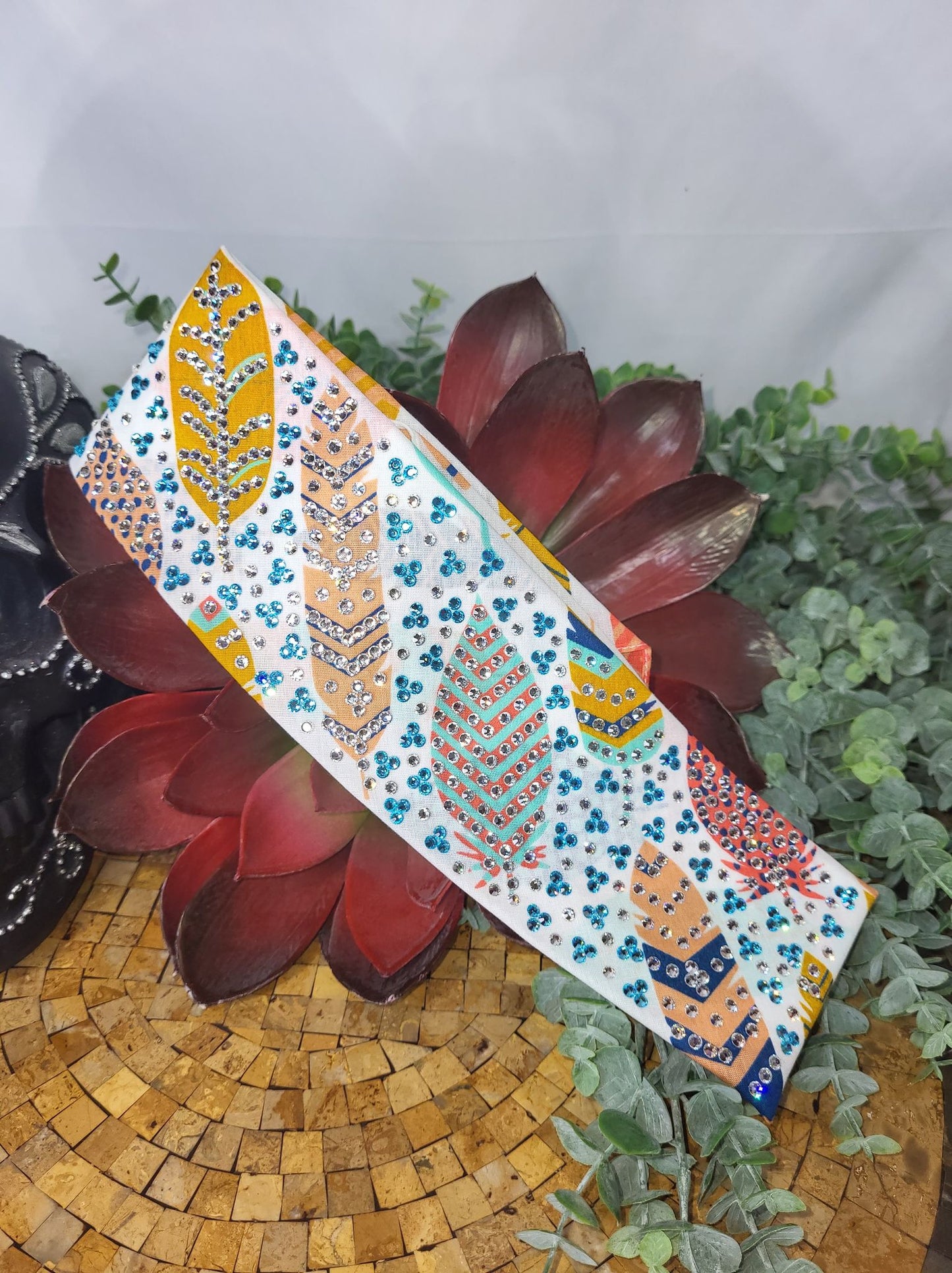 Super LeeAnnette Feathers Bandana with Turquoise and Diamond Clear Austrian Crystals (Sku4041)