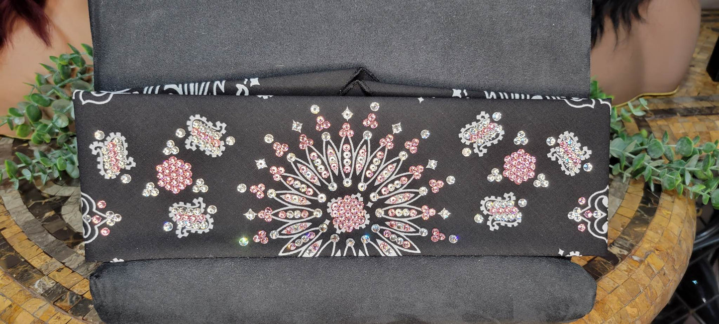LeeAnnette Black Paisley Bandana with Pink and Diamond Clear Crystals (Sku4086)