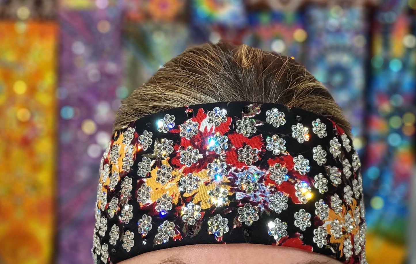 Super LeeAnnette Red and Yellow Flowers Bandana with Black and Diamond Clear Austrian Crystals (sku4114)