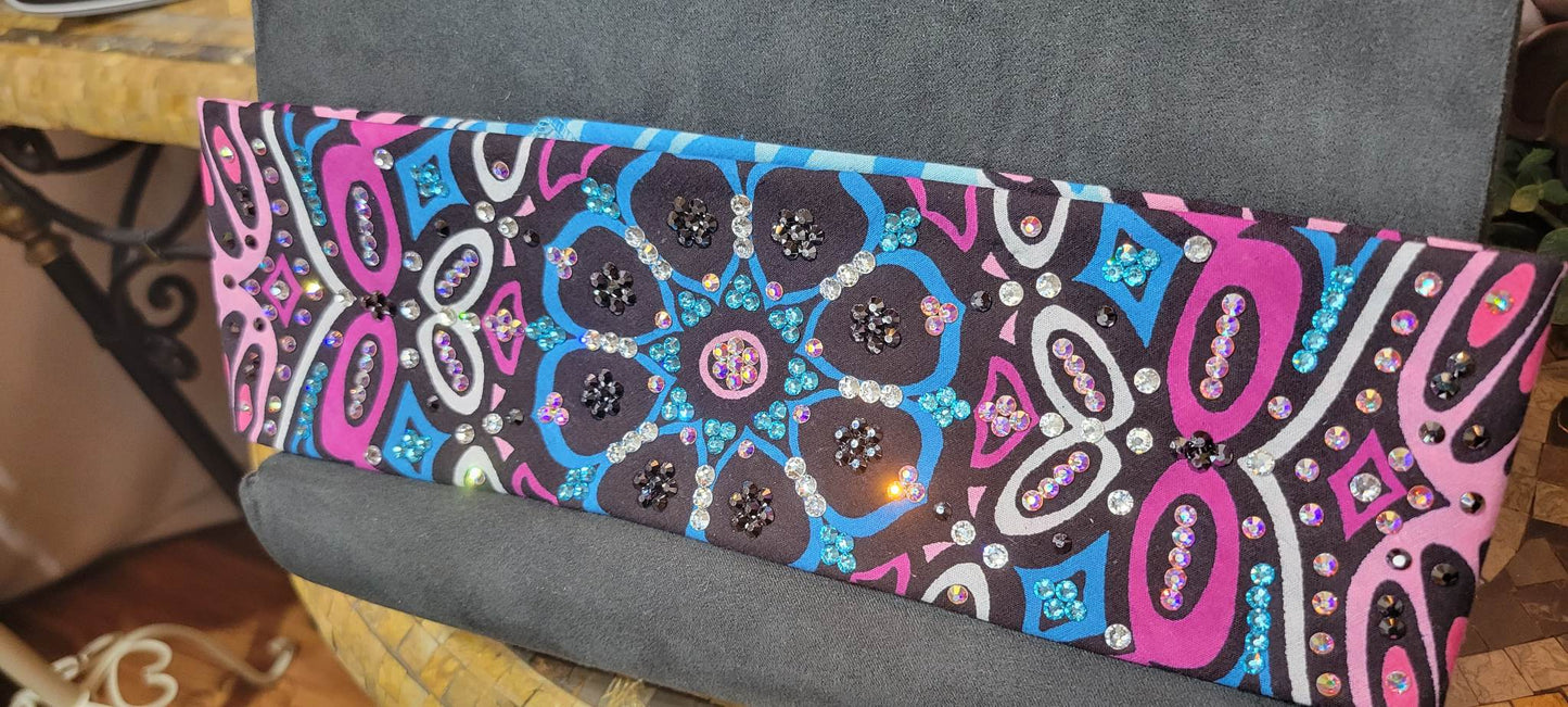 LeeAnnette Large Blue and Pink Flower Bandana with Aqua, Black, Aurora Borealis and Diamond Clear Austrian Crystals (sku4241)