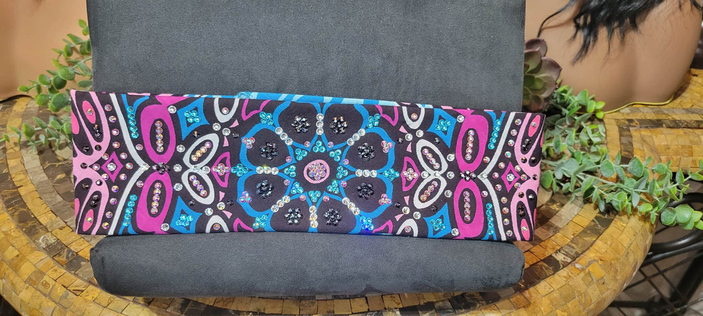 LeeAnnette Large Blue and Pink Flower Bandana with Aqua, Black, Aurora Borealis and Diamond Clear Austrian Crystals (sku4241)