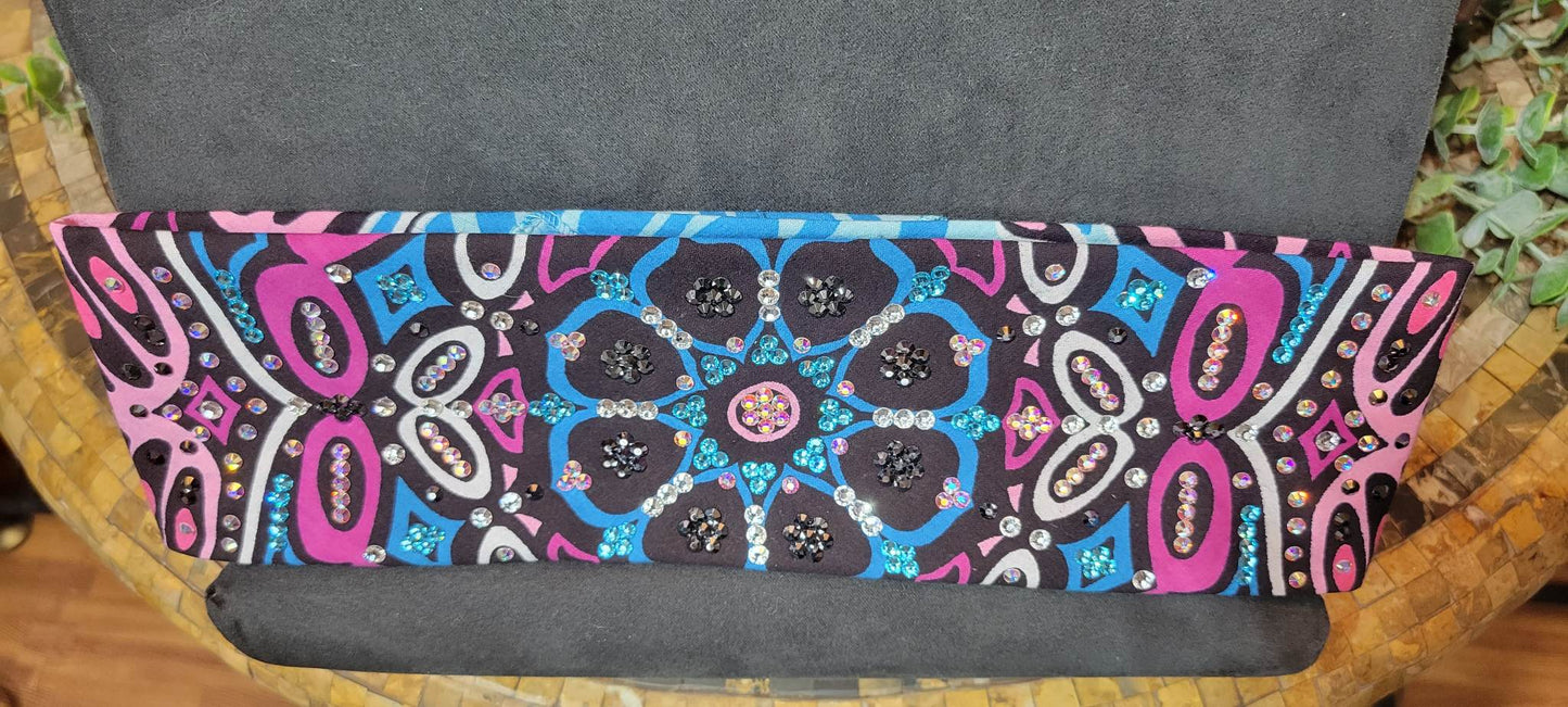 LeeAnnette Large Blue and Pink Flower Bandana with Aqua, Black, Aurora Borealis and Diamond Clear Austrian Crystals (sku4241)