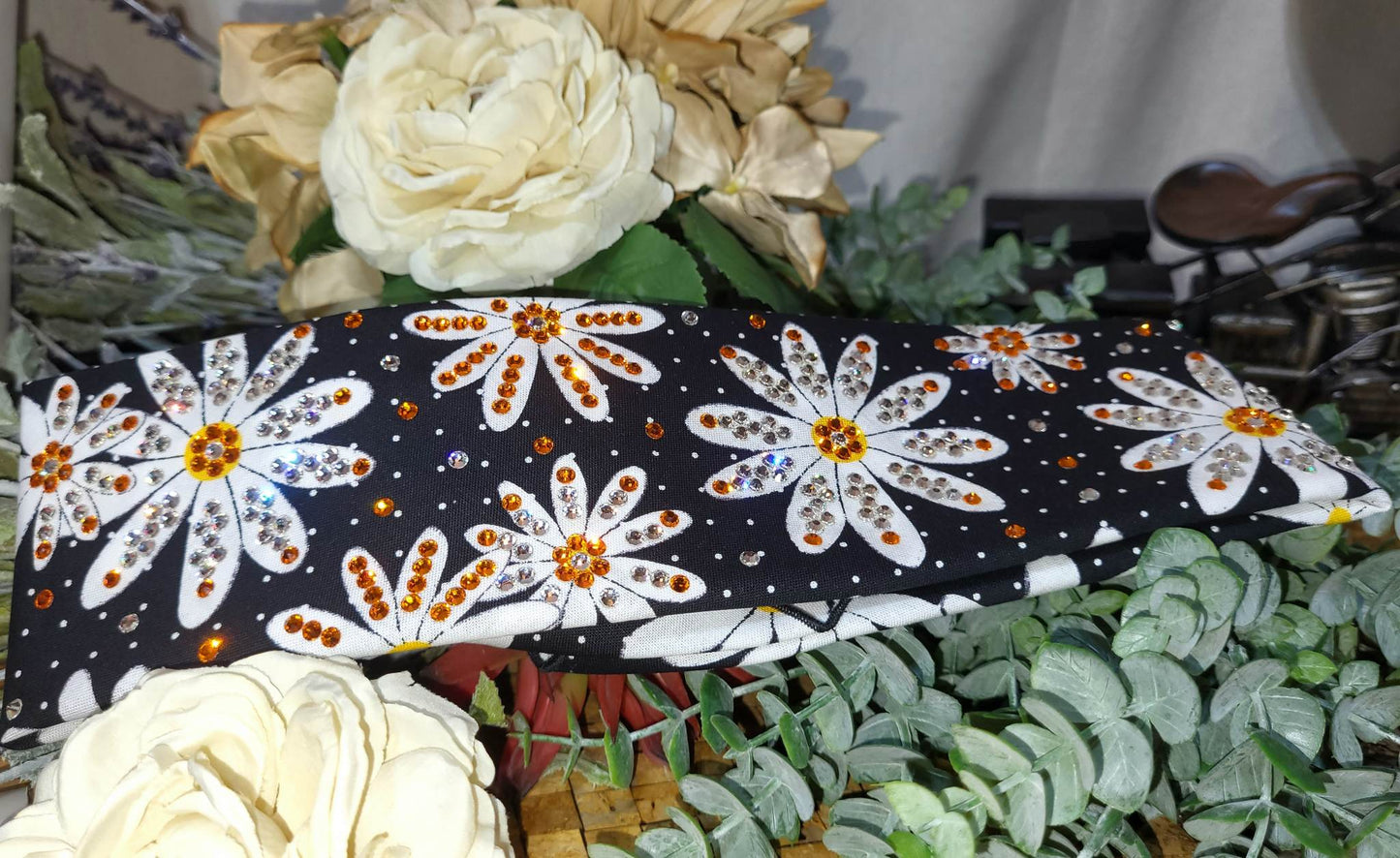 LeeAnnette Daisies on Black Bandana with Orange and Clear Austrian Crystals (sku4249)