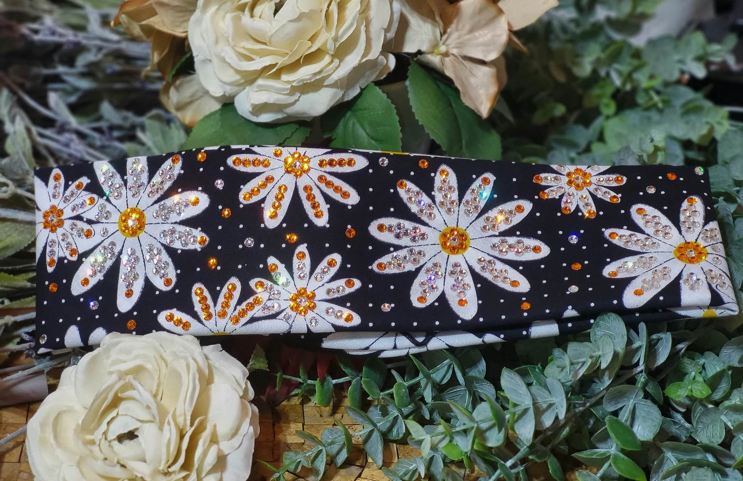 LeeAnnette Daisies on Black Bandana with Orange and Clear Austrian Crystals (sku4249)