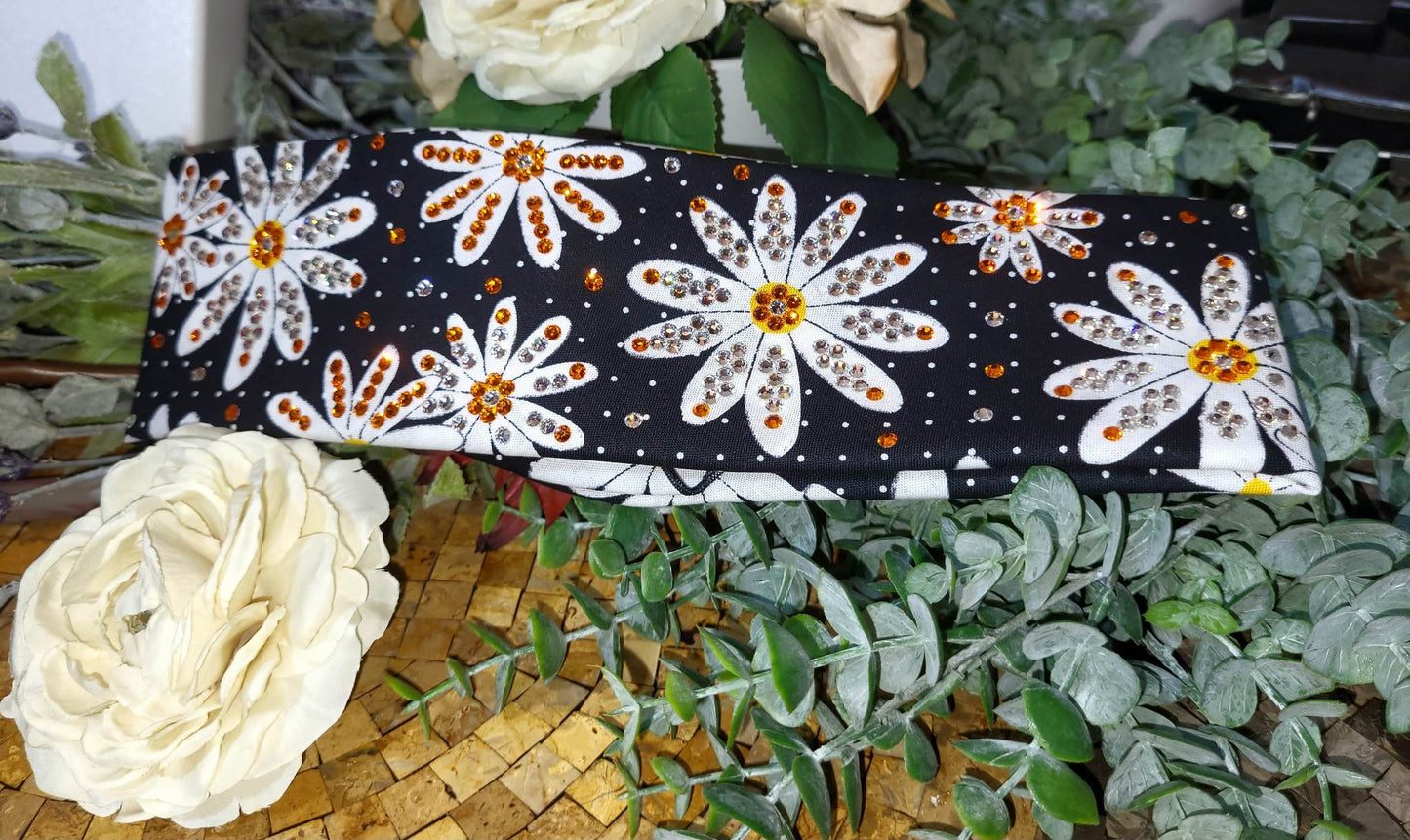 LeeAnnette Daisies on Black Bandana with Orange and Clear Austrian Crystals (sku4249)