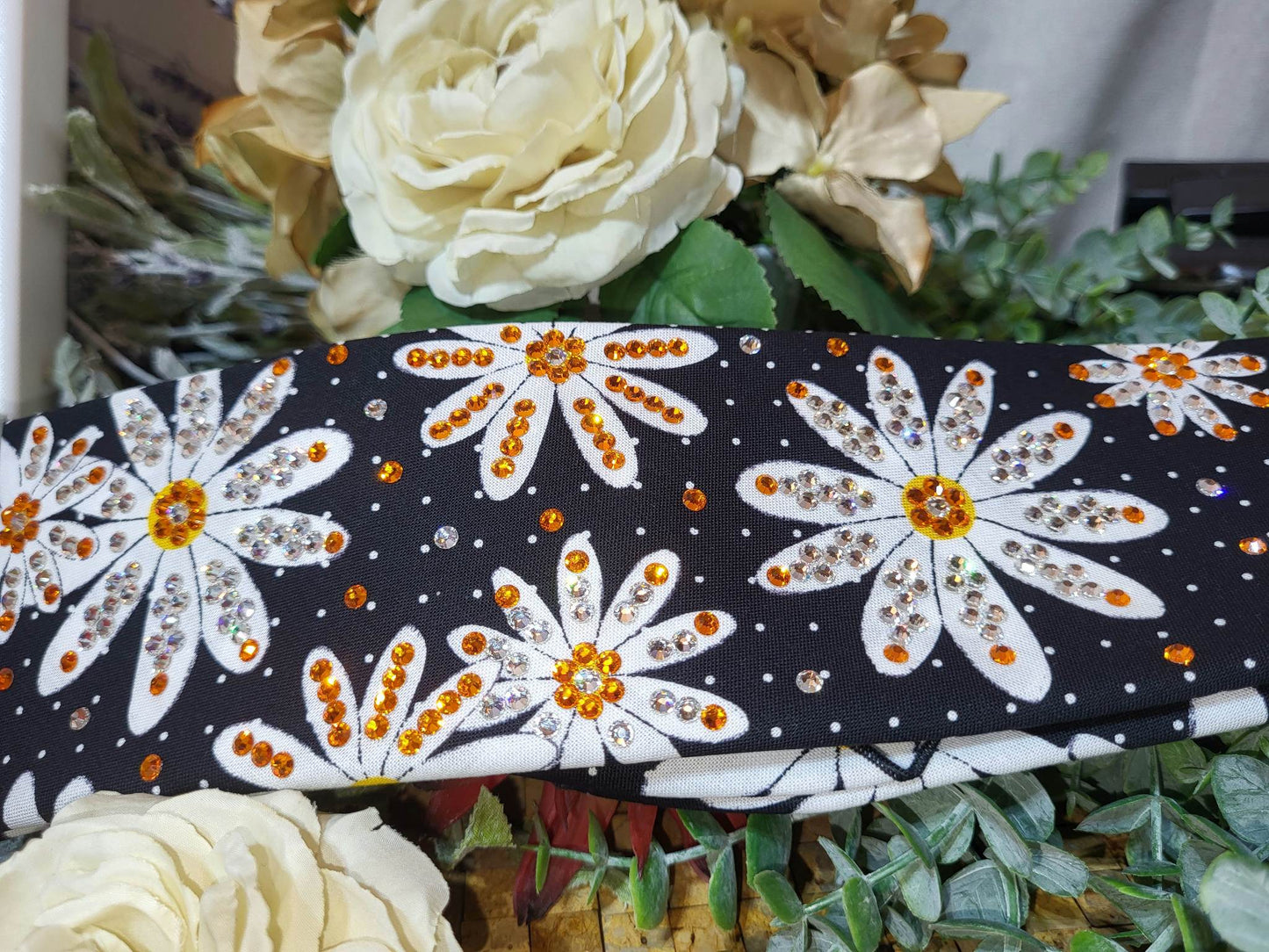 LeeAnnette Daisies on Black Bandana with Orange and Clear Austrian Crystals (sku4249)