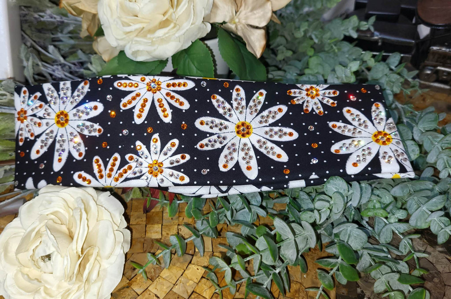 LeeAnnette Daisies on Black Bandana with Orange and Clear Austrian Crystals (sku4249)