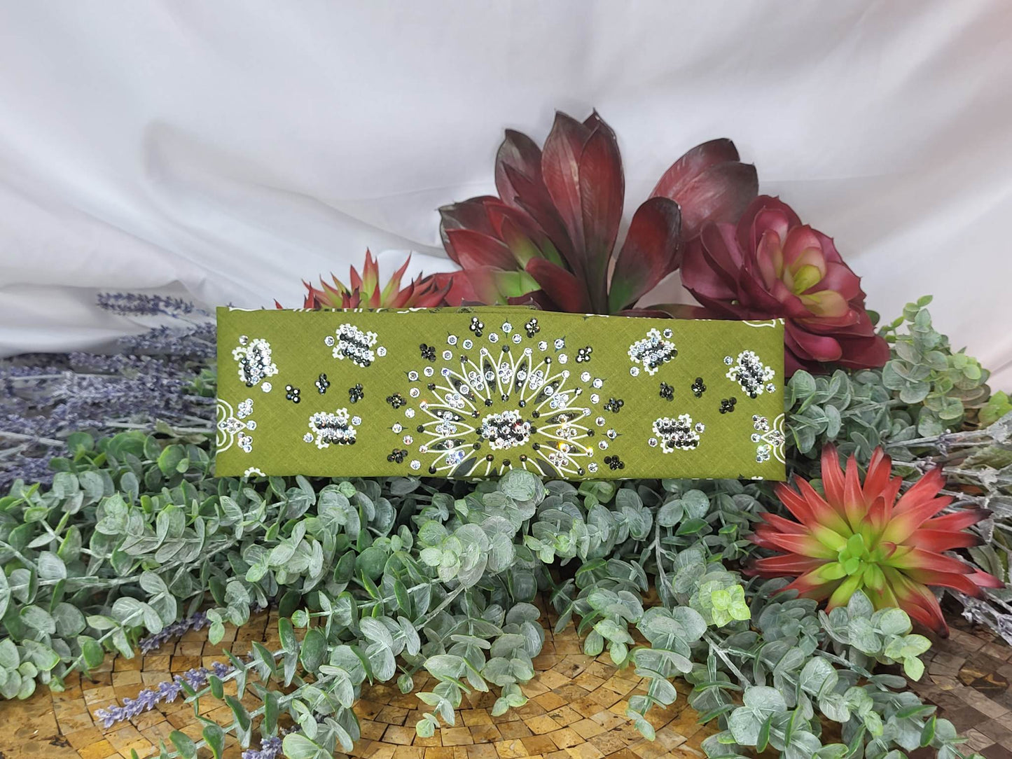LeeAnnette Olive Green Paisley Bandana with Black and Diamond Clear Austrian Crystals (Sku4330)