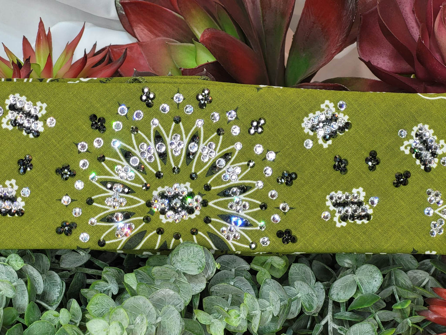 LeeAnnette Olive Green Paisley Bandana with Black and Diamond Clear Austrian Crystals (Sku4330)